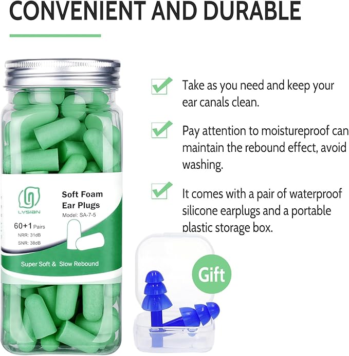 LYSIAN Foam Ear Plugs for Sleeping, 60 Pairs, SNR 38dB Noise Reduction Earplugs, Soft Slow Rebound Earplugs for Snoring, Study, Travel, Concerts, Work and Hearing Protection, Green
