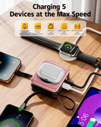 for Magsafe Portable Charger with Built-in Cables and AC Wall Plug, 10000mAh Magnetic Wireless Power Bank 22.5W Type-C in & Out Fast Charging Battery Pack for iPhone 17/16/15/14/13/12 Series, Pink