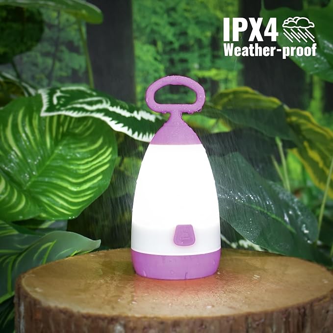 Kids Camping Lantern & Night Light Battery Powered, 360° Eye-Safe Light (AAA Included), IPX4 with RGB Modes Portable for Outdoor, Emergency , Gift for Children (Purple+Green 2 Pack)
