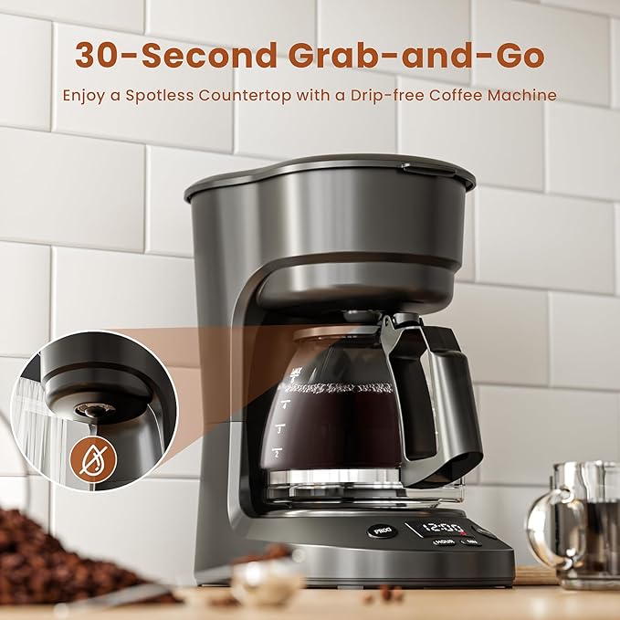 WAA 5 Cup Programmable Drip Coffee Maker, Portable Coffee Machine with Glass Pot, Includes Hot Plate and Reusable Filter, Auto Shut-Off and Delay Brew, 25oz Water Tank, Black