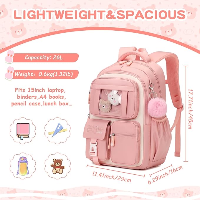 PIG PIG GIRL Kids Backpack for Girls School Bags for Middle School Students Book Bag for Elementary Primary Kawaii Ita Backpack, Pink and Beige
