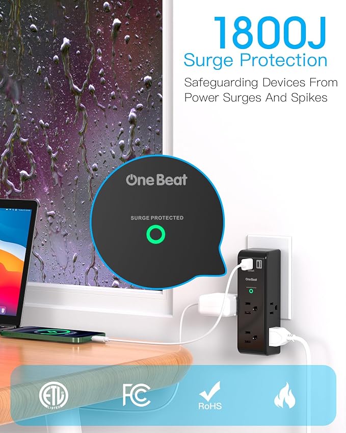 Surge Protector Outlet Extender, Rotating Plug, PD 20W, 6 AC Multi Plug Outlet with 3 USB Ports (2 USB C), 1800 Joules 3-Sided Swivel Power Strip with Spaced Outlet Splitter for Home Office Dorm - BK