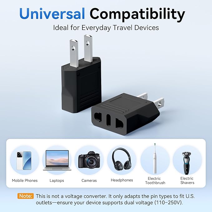 Unidapt US Canada Mexico Travel Plug Adapter, European to US Plug Adapter, Universal Outlet Adapters, 2-Pack EU to US Adaptor, Europe to USA, Type A Pin Converter, Black