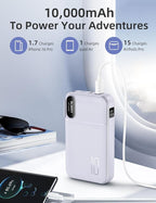 RORRY Portable Charger Built in Cables, AC Wall Plug in Portable Charger Power Bank 10000mAh Travel Battery Pack 22.5W Fast Charging for iPhone 17/16/15 Samsung Galaxy S25/S24 Pixel LG iPad, Purple