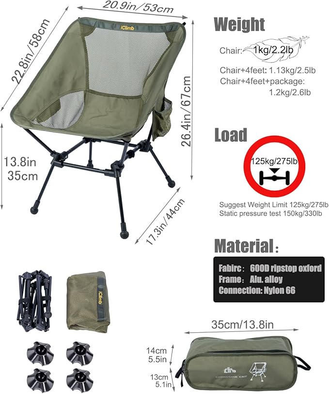 iClimb Ultralight Compact Camping Folding Beach Chair with Anti-Sinking Large Feet and Back Support Webbing (Green- Square Frame)