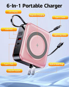 for Magsafe Portable Charger with Built-in Cables and AC Wall Plug, 10000mAh Magnetic Wireless Power Bank 22.5W Type-C in & Out Fast Charging Battery Pack for iPhone 17/16/15/14/13/12 Series, Pink
