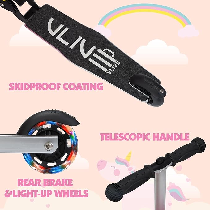 VLIVE Kids Scooter Luggage with Backpack 2-in-1 Set, 30L Ride-On Suitcase + 10L Backpack, Durable EVA Material, Lightweight Foldable, Wheels for Girls Aged 4-8, Unicorn Design