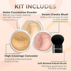 4pc (WARM Neutral Shade-Most Popular) KIT w/KABUKI BRUSH Mineral Makeup Matte Loose Powder Foundation Concealer Blush Long Lasting Bare Face Cosmetics