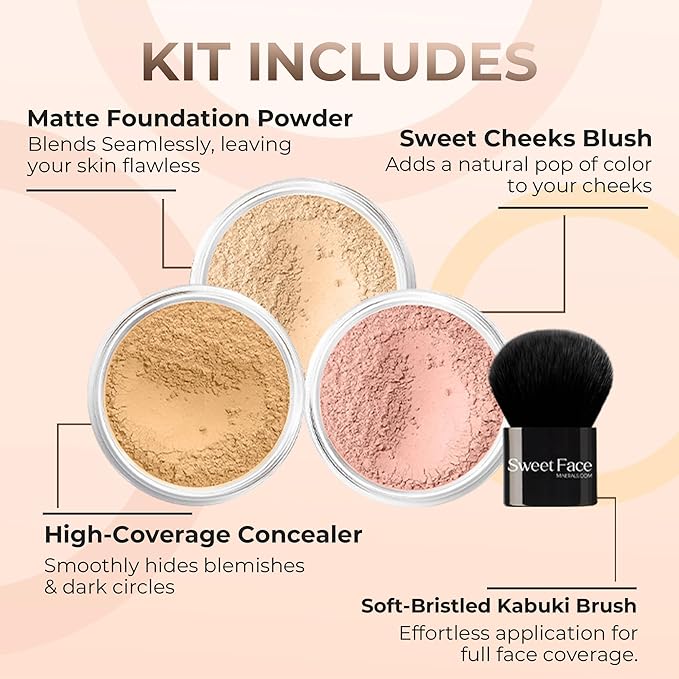 4pc (WARM Neutral Shade-Most Popular) KIT w/KABUKI BRUSH Mineral Makeup Matte Loose Powder Foundation Concealer Blush Long Lasting Bare Face Cosmetics