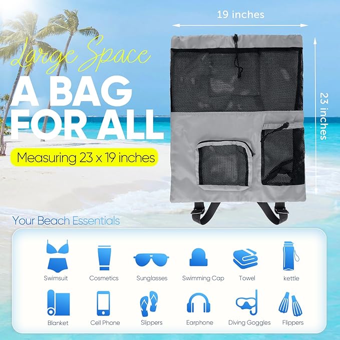 HOHOM Swim Mesh Beach Bag, Waterproof Gym Bags for Women and Men, Large Pool Bag Swimming Gear Drawstring Backpack