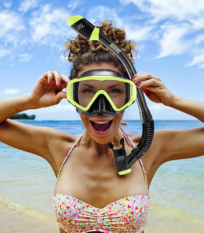 Aegend Snorkeling Gear for Adults Youth Kids, Snorkel Mask with Top Dry Valve - Panoramic View Anti-Leak and Anti-Fog with Mesh Bag for Snorkeling, Scuba Diving, Freediving & Swimming