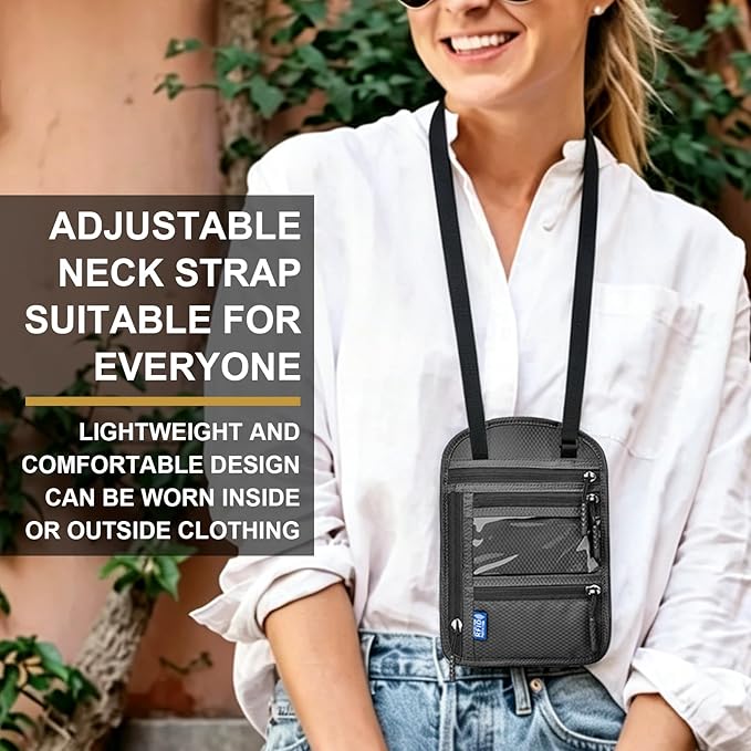 Neck Wallet with RFID Blocking - Hidden Travel Passport Holder Pouch | Concealed Under Clothing, Anti-Theft Security | Adjustable & Lightweight for Vacation, Airports