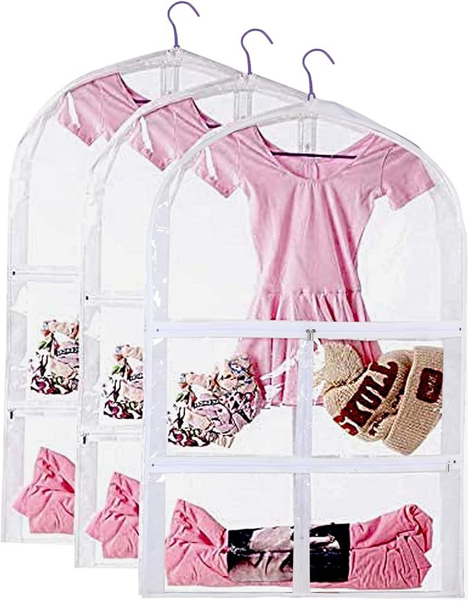 3 Packs Clear Kids Dance Costume Garment Bags,Garment Bag 35 Inch for Dance Competitions,Foldable Travel Storage Cover Bag with 3 Zipper Pockets