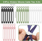 Silicone Cable Organizer Ties, Reusable Elastic Cord Ties 4.2in for Charging Cables, Electrical Cords Computer Wire Organization(24Pcs, 4Colors)