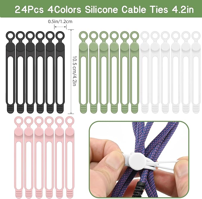Silicone Cable Organizer Ties, Reusable Elastic Cord Ties 4.2in for Charging Cables, Electrical Cords Computer Wire Organization(24Pcs, 4Colors)