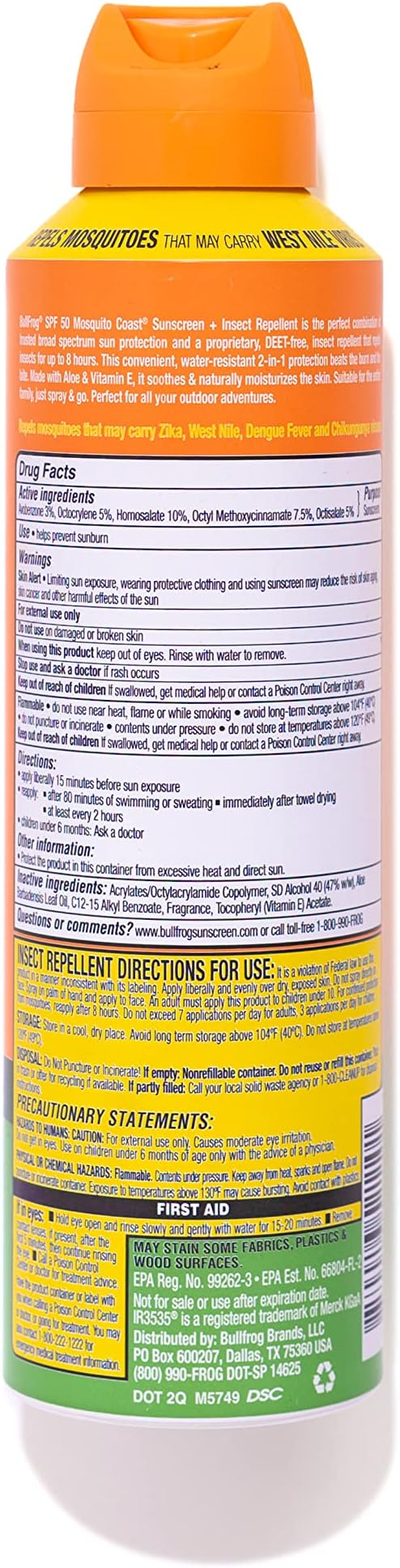 Bullfrog Mosquito Coast Bug Spray Insect Repellent + Sunscreen SPF 50, Continuous Spray 5.5oz