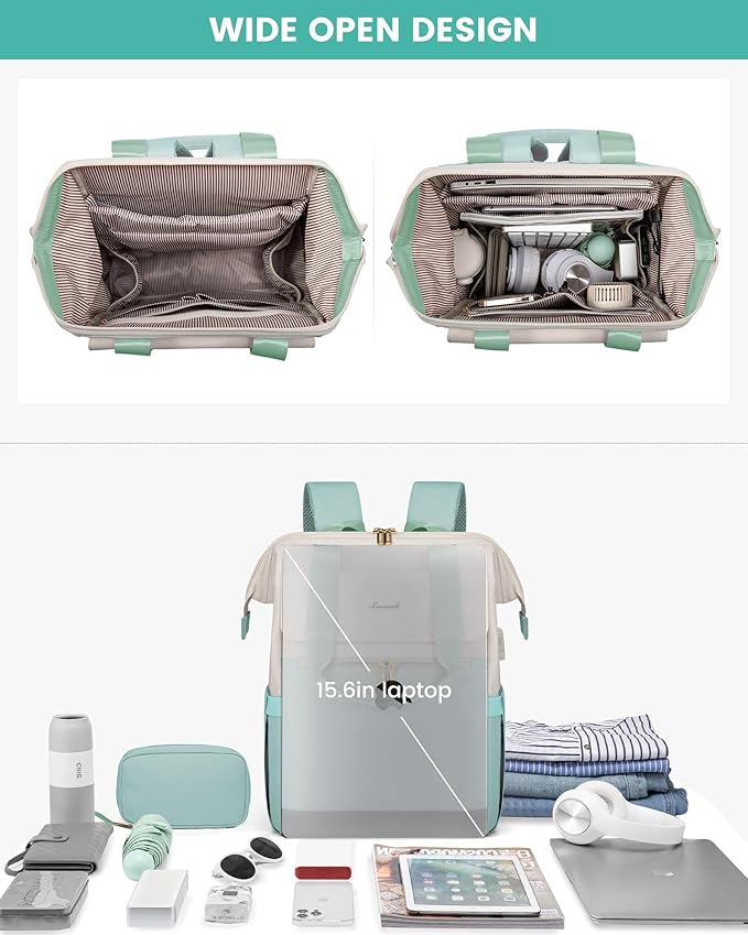 LOVEVOOK Laptop Backpack for Women, 15.6 Inch Work Laptop Bag with USB Port, Fashion Teacher Nurse Backpack Purse, Waterproof Travel Computer Backpack with Organizer Bag, 2PCS, Beige-Mint Green