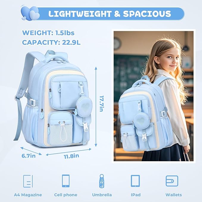MOONBABY Girls Backpack, Kids Backpack for Girls, School bag for Primary Elementary Teenage, Middle School Students Bookbag