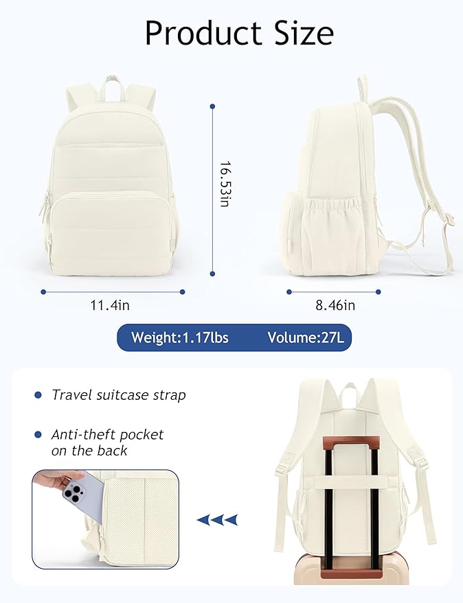 Uselike Travel Backpack for Women, 15.6 Inch Laptop Backpack, Quilted College Bookbag, Cute Work Backpacks, Water Resistant