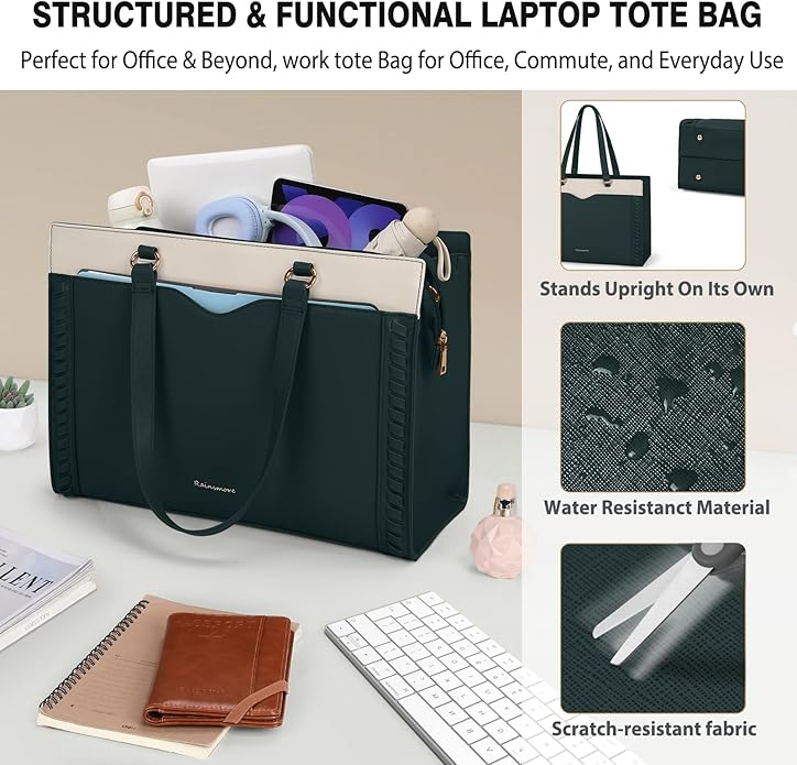 RAINSMORE Laptop Bag for Women 15.6 Inch Work Tote Bag with Detachable Strap & Bow Professional Laptop Tote with Cup Holder