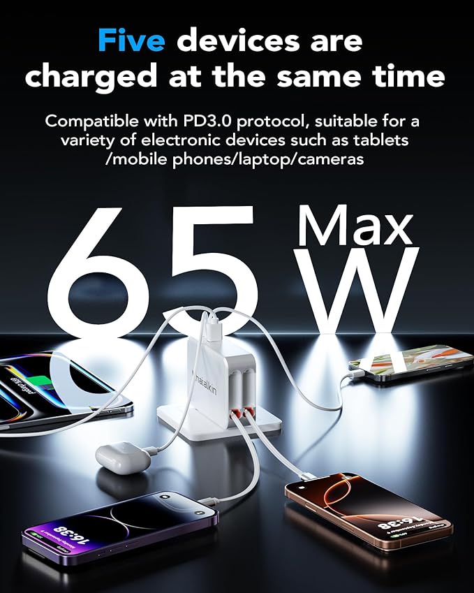 65W for MacBook Pro Charger,5-in-1 Retractable Wall Charger Plug for iPhone 17,3.94 ft PD USB C&Lightening Cable&3 Ports,Fast Charging Block for Mac Book Pro/Air,M1 M2 M3 M4 M5,iPad Pro,Galaxy,Pixel