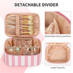 OCHEAL Makeup Bag,Travel Makeup Organizer Bag, Large Capacity Cosmetic Bags For Women Large Travel Toiletry Bag Girls Traveling With Brush Slot And Divider-Stripes Pink