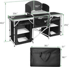 CampLand Folding Camping Kitchen Table with Windscreen,Portable Outdoor Cooking Station with Storage Cabinet & Side Tables Heavy Duty Camp Cook Station for Camping & BBQ (Black3cabinet)