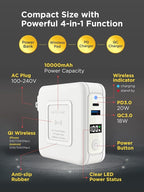 Gigastone 3in1 Power Bank with AC Plug 10000mAh with USB-C PD 3.0 20W, USB-A QC3.0 18W Fast Charging, 5W to 15W Wireless Output, Compatible with Apple, Android, and Other Qi Enabled Devices - White