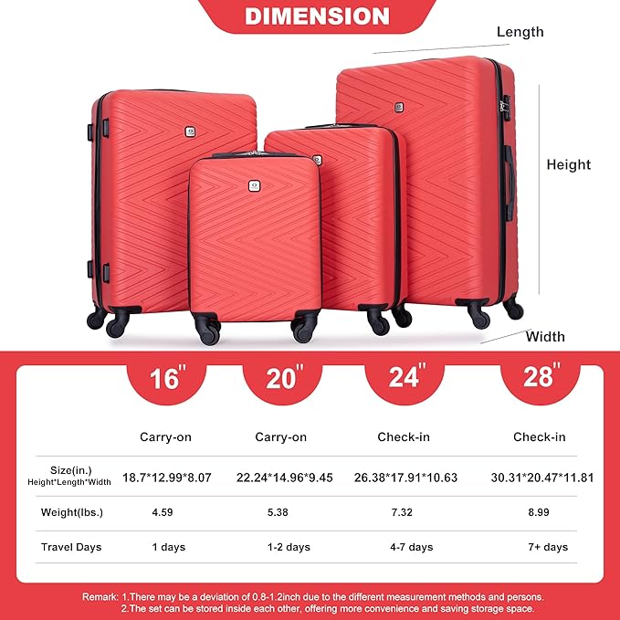 Tripcomp 4-Piece Hardside Luggage Set with TSA Lock, Lightweight ABS Suitcases With Spinner Wheel Scratch Resistant, 16/20/24/28 inch, Vibrant Red