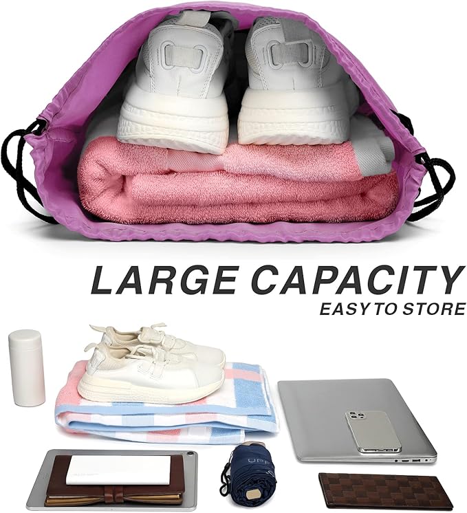 Drawstring Backpack Sports Water Resistant String Bag Sport Gym Sackpack for Women Men Large with Zipper, Pink