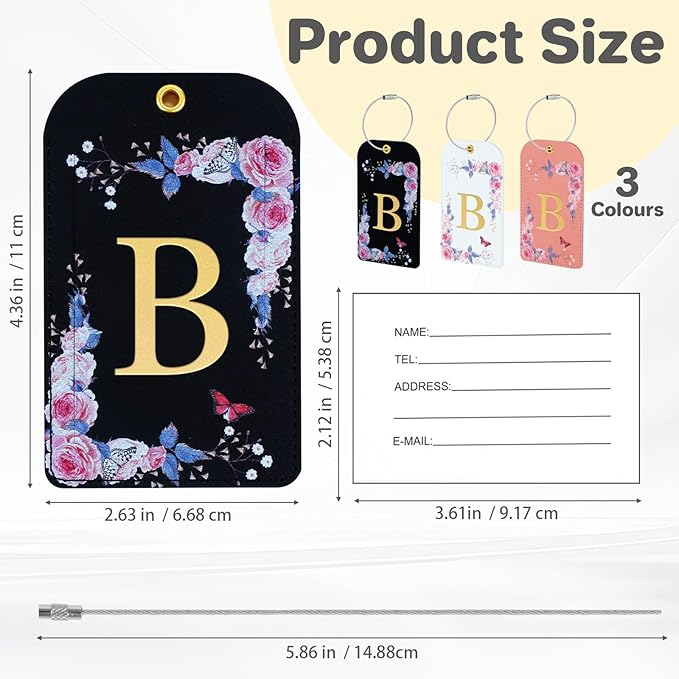 3 Pack Luxury Floral Luggage Tags, Durable PU Leather Suitcase Tags with Stainless Steel Cable Strap, Hidden ID Slot for Privacy Protection, Easy to Identify Waterproof Travel Accessories Gift (B)