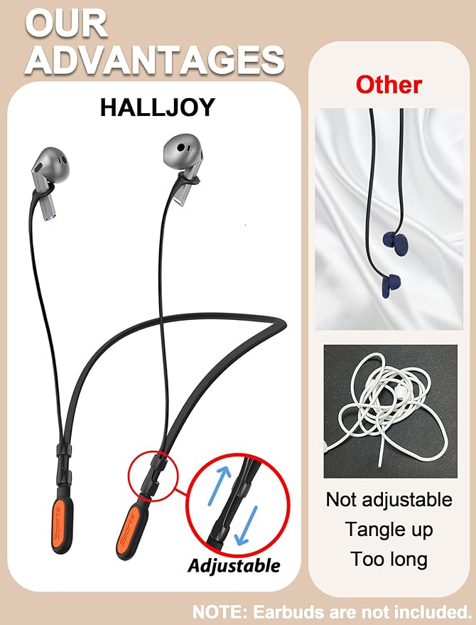 HALLJOY for Galaxy Buds 4/4 Pro/Buds 3/3 Pro Strap Neckband, Anti-Lost Accessories, Support Volume Control, Ergonomic Design, Fit Airpods Pro 3/2/1, Airpods 4, 3, 2, 1, Black Band/Orange Tip