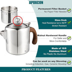 APOXCON Coffee Percolator Stainless Steel Coffee Maker with Fireproof Solid Wood Handle & Tough Glass Clear Brew Progress Knob Camping Coffee Pot Using on any Stovetop NO Aluminum NO Plastic (6 Cup)