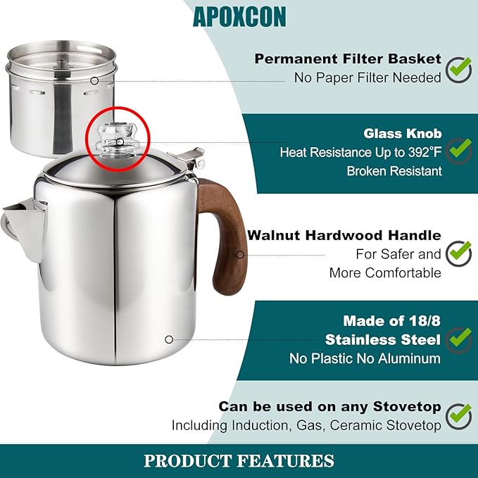 APOXCON Coffee Percolator Stainless Steel Coffee Maker with Fireproof Solid Wood Handle & Tough Glass Clear Brew Progress Knob Camping Coffee Pot Using on any Stovetop NO Aluminum NO Plastic (6 Cup)