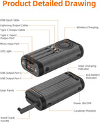 YELOMIN Solar Charger Power Bank 59800mAh, Outdoor Waterproof Battery Pack, 3 Built in Cables & Hand Crank, 6 Outputs, 15W Wireless Charging, Emergency LED Flashlight for Camping Hiking Travel