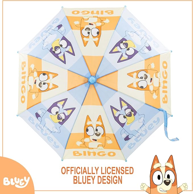 Bluey Umbrella for Toddlers and Kids, Waterproof and Bingo Canopy, Character Handle, Wrist Strap, 29 Inch