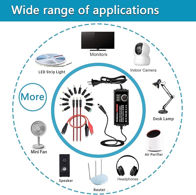 72W Power Supply Adjustable 3V ~ 24V Variable Universal Switching AC/DC Adapter Minidodoca AC to DC Converter with LED Voltage Display and 16 Tips, for 3V to 24V Household Electronics - 3000mA Max