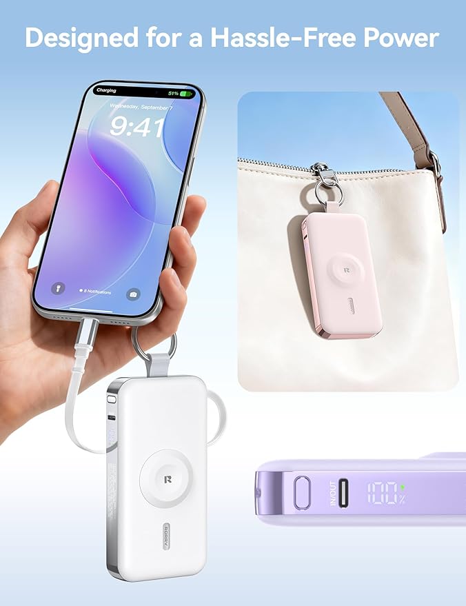 RORRY Portable Charger, 12000mAh 30W Fast Charging Power Bank with Built-in Retractable USB C Cable, Battery Pack with Keychain, Travel Essentials for iPhone, Apple Watch, iPad, Black