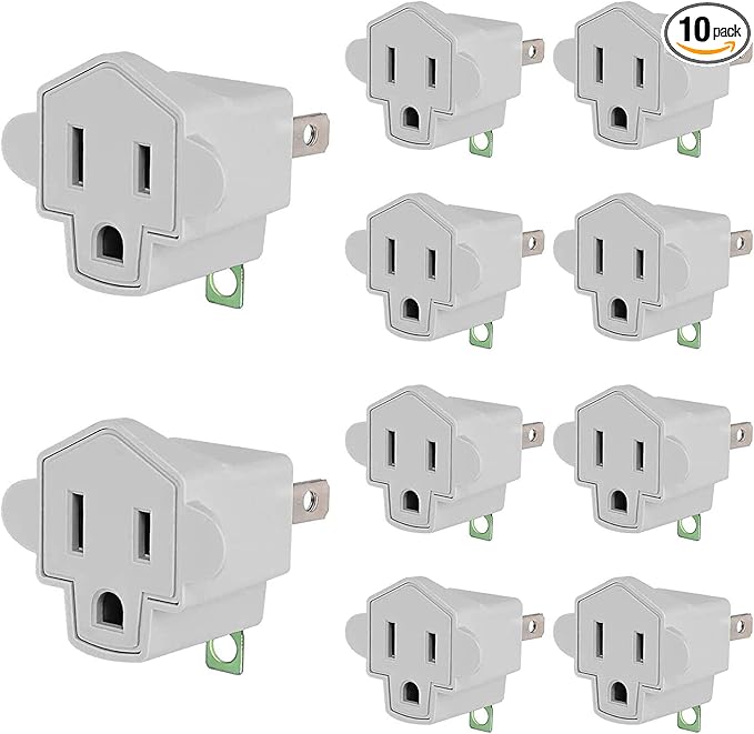 JACKYLED 3 Prong to 2 Prong Polarized Grounding Adapter, Wall Outlet Converter 3-Prong Adapter Fireproof Material 392℉ Resistant Heavy Duty for Household, Christmas Light, Indoor Use Only, 10 Pack