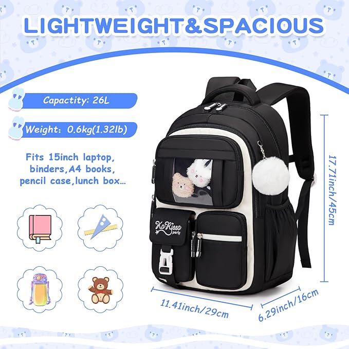 PIG PIG GIRL Kids Backpack for Girls - School Bags for Middle School Students - Book Bag for Elementary Primary - Kawaii Ita Backpack - Black and Beige