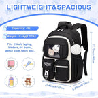 PIG PIG GIRL Kids Backpack for Girls - School Bags for Middle School Students - Book Bag for Elementary Primary - Kawaii Ita Backpack - Black and Beige