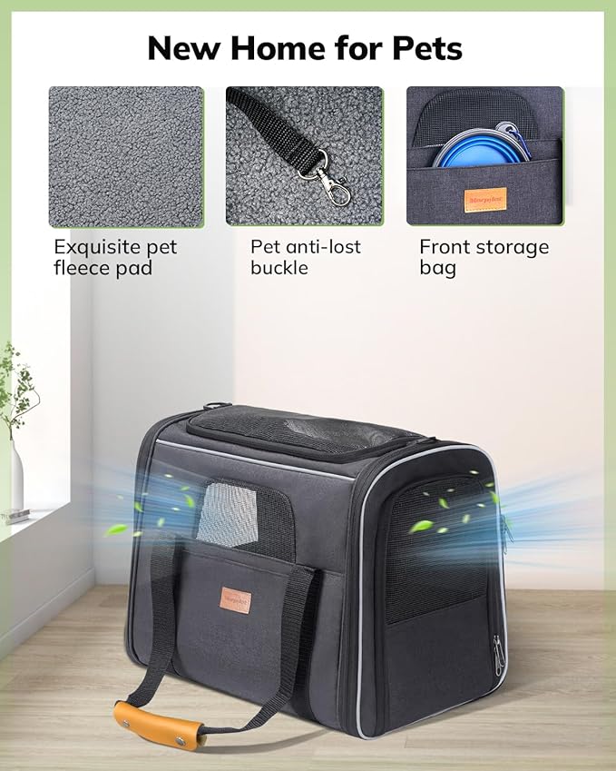 Morpilot Pet Carrier for Large Cats, Puppies & Small Dogs Up to 25lbs, Escape-Proof with Locking Zippers, Dual-Sided Cushion, Safety Buckle for Car & Vet Travel, Includes Foldable Bowl (Dark Gray)