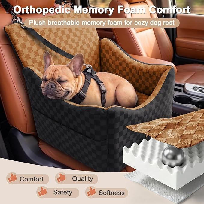 JOEJOY Elevated Dog Car Seat for Small/Medium Dogs up to 35 lbs, Memory Foam Booster Seat with Detachable Washable Cover, Travel-Safe Car Bed with Safety Belts & Storage Pockets, Brown