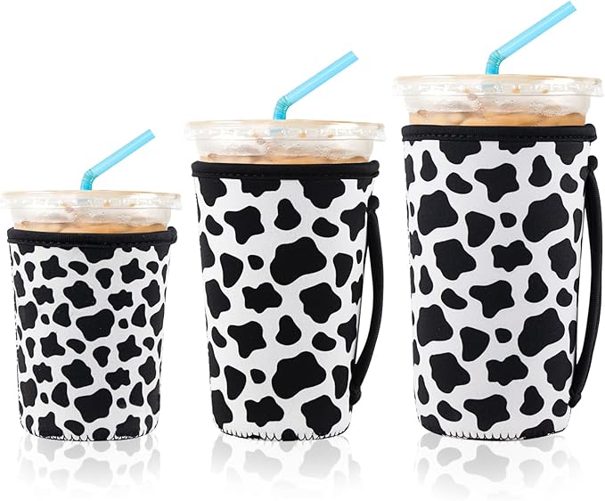 KJQJLY 3 Pack Reusable Iced Coffee Sleeves for Iced Coffee Cups or Drinks Reusable Neoprene Insulated Sleeves for Hot and Cold Drinks from Starbucks, Dunkin, And More (Cows)