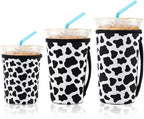 KJQJLY 3 Pack Reusable Iced Coffee Sleeves for Iced Coffee Cups or Drinks Reusable Neoprene Insulated Sleeves for Hot and Cold Drinks from Starbucks, Dunkin, And More (Cows)