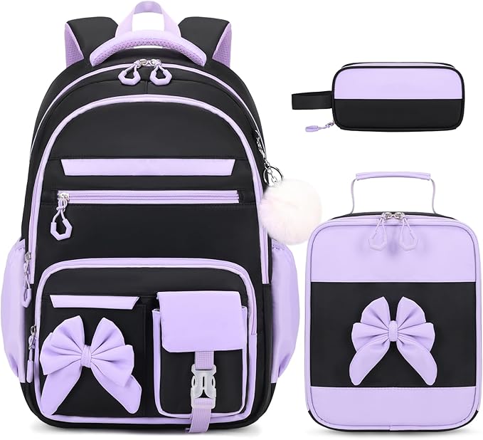 DIGOBAY Backpack for Girls, 3PCS Girls Backpack for School with Lunch Bag Pencil Case, Cute Kids Teens Bookbag for Kindergarten Elementary Preschool Middle School (Black-Purple)