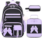 DIGOBAY Backpack for Girls, 3PCS Girls Backpack for School with Lunch Bag Pencil Case, Cute Kids Teens Bookbag for Kindergarten Elementary Preschool Middle School (Black-Purple)