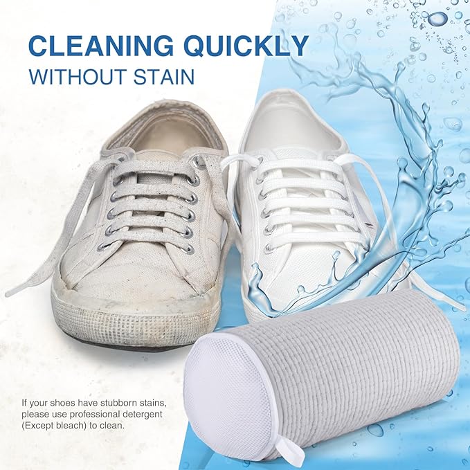 Teletrogy Shoe Laundry Bags for Washing Machine, Reusable Laundry Shoe Bag for Washer and Dryer, Fluffy Fibers 360° Wrap Around Cleaning, Adjustable Protective Shoe Trees - Home Dorm Travel, Gray