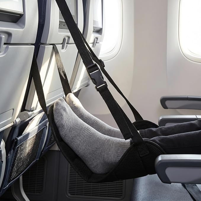 CALLARON Portable Foot Hammock Under Desk Foot Rest with Adjustable Strap and Storage Bag, Travel Footrest for Airplane Office Car Seat Leg Support Comfort Black
