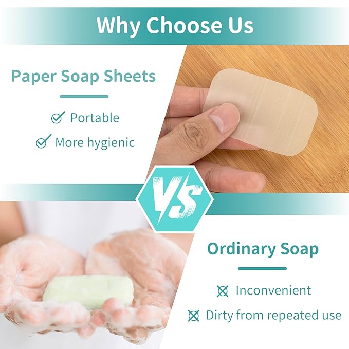 300 Paper Soap Sheets for Travel - 6packs Travel Size Foaming Hand Soap Sheets Refills with 1 Portable Box for Hand Washing Disposable Scented Mini Flakes Traveling Camping Hiking Essentials